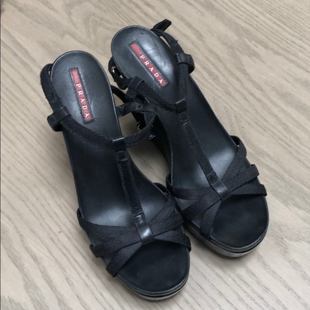 Prada black wedge sandals. Excellent condition.